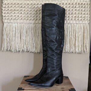 Eden Shoes Black Leather Long Pointy Toe Western Over The Knee Boots Size 40 / 9